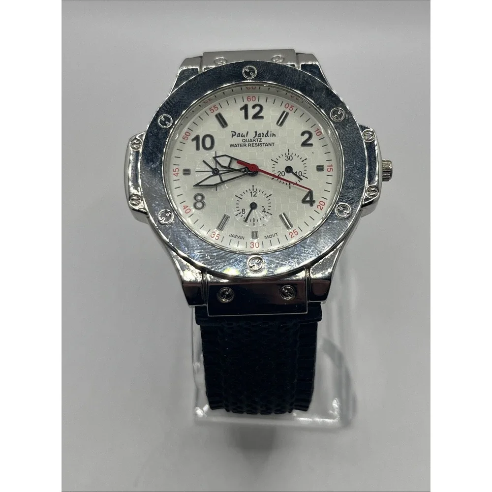 Paul Jardin Men's Quartz Watch Silver 42mm Case Black Silicone Band- New Battery